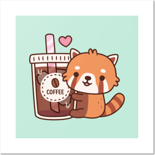 Cute Little Red Panda Hugging Iced Coffee Posters and Art